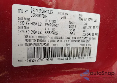 2006 Dodge Durango Slt z USA, uszkodzony, nr VIN 1D4HB48N16F125781